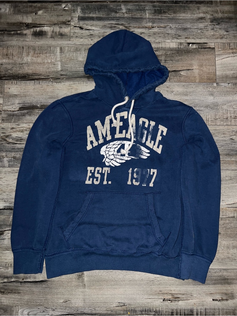 American Eagle Outfitters Navy Blue Hooded Sweatshirt with White Graphic